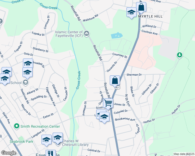 map of restaurants, bars, coffee shops, grocery stores, and more near 203 Tiffany Court in Fayetteville
