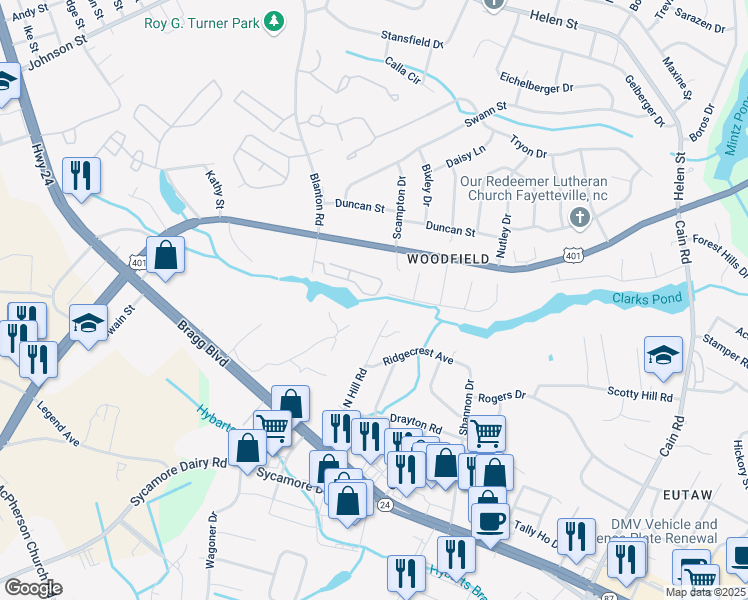 map of restaurants, bars, coffee shops, grocery stores, and more near 2963 Walden Road in Fayetteville