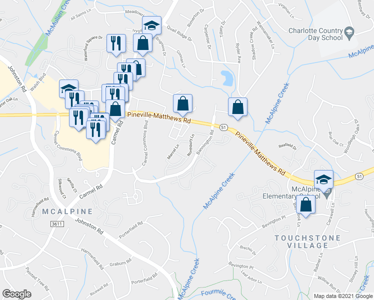 map of restaurants, bars, coffee shops, grocery stores, and more near 6825 Northbury Lane in Charlotte