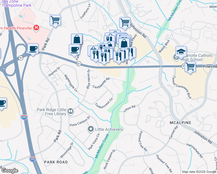 map of restaurants, bars, coffee shops, grocery stores, and more near 8503 Timbercrest Circle in Charlotte