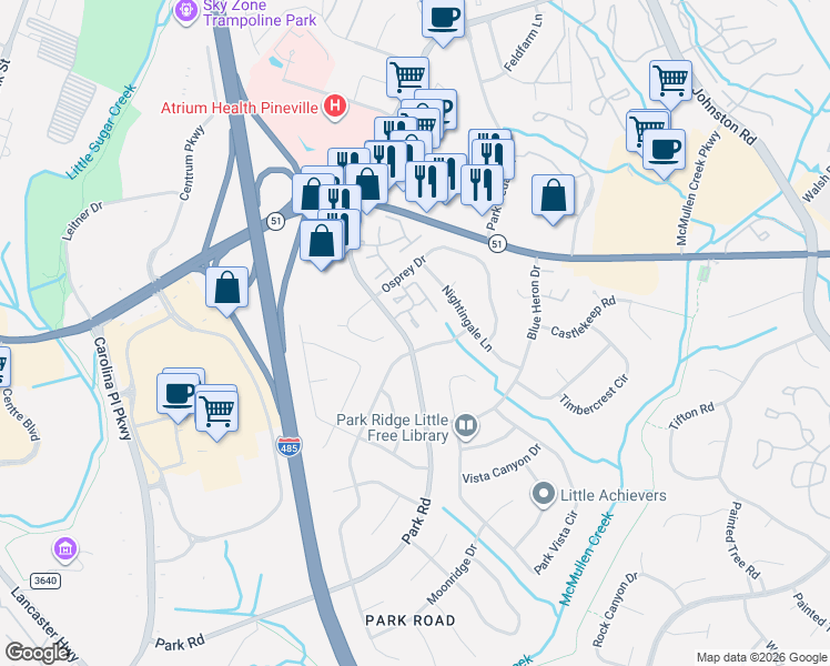 map of restaurants, bars, coffee shops, grocery stores, and more near 10716 Kingfisher Drive in Charlotte