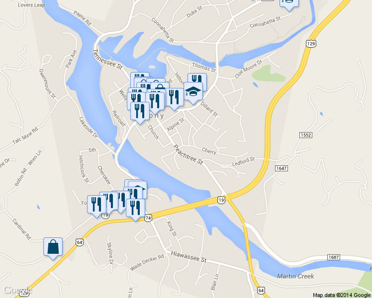 map of restaurants, bars, coffee shops, grocery stores, and more near 215 Peachtree St in Murphy