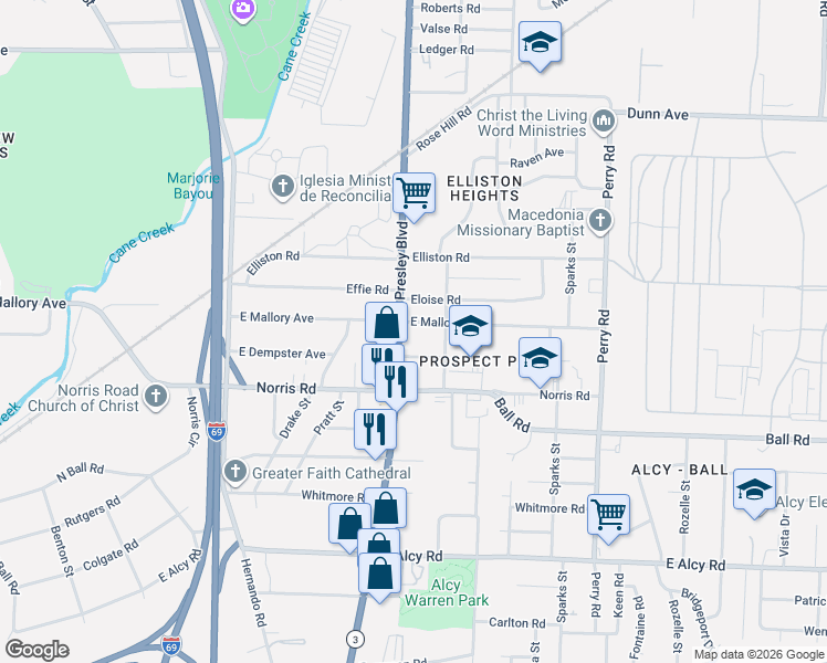 map of restaurants, bars, coffee shops, grocery stores, and more near 1347 East Mallory Avenue in Memphis