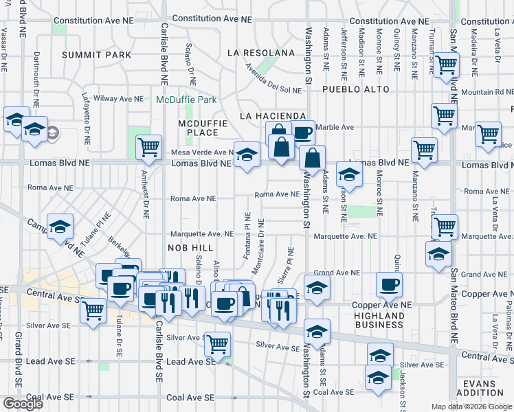 map of restaurants, bars, coffee shops, grocery stores, and more near 424 Fontana Place Northeast in Albuquerque