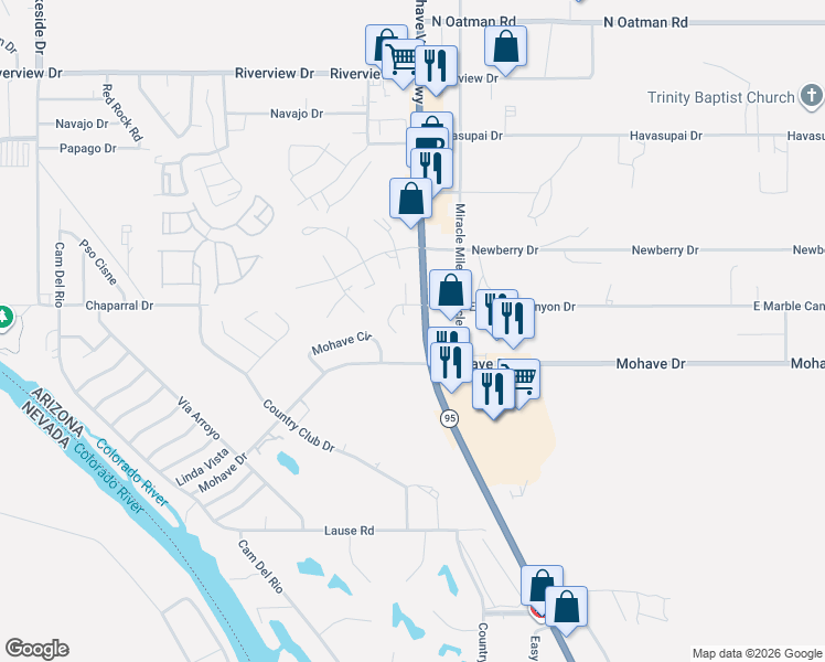 map of restaurants, bars, coffee shops, grocery stores, and more near 1480 Bluffs Cir in Bullhead City