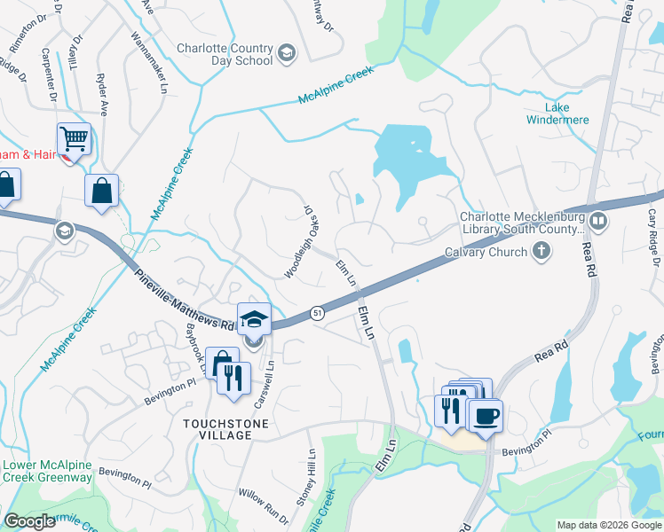 map of restaurants, bars, coffee shops, grocery stores, and more near 6111 Dunmoor Valley Court in Charlotte