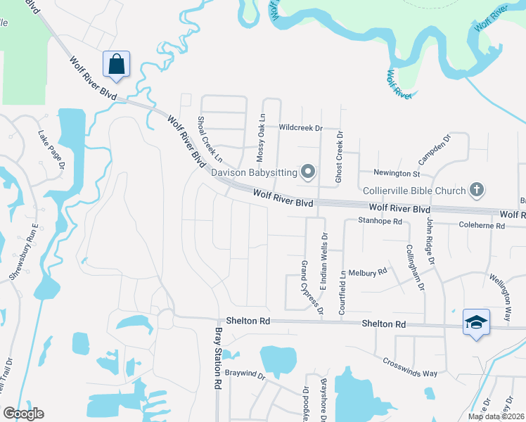 map of restaurants, bars, coffee shops, grocery stores, and more near Wolf River Boulevard in Collierville
