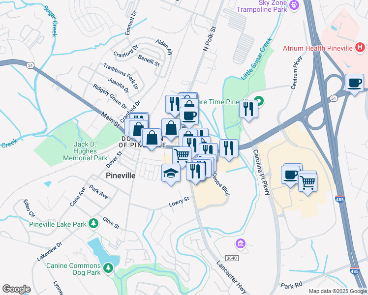 map of restaurants, bars, coffee shops, grocery stores, and more near 101 Main Street in Pineville