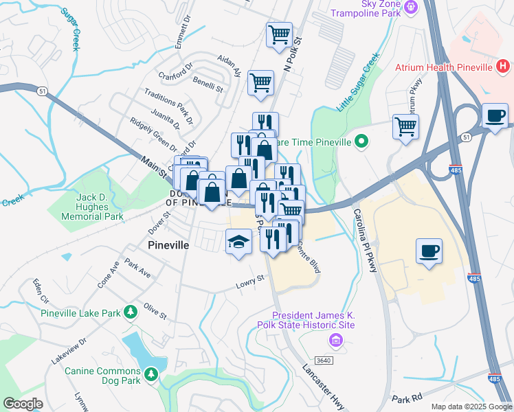 map of restaurants, bars, coffee shops, grocery stores, and more near 101 Main Street in Pineville