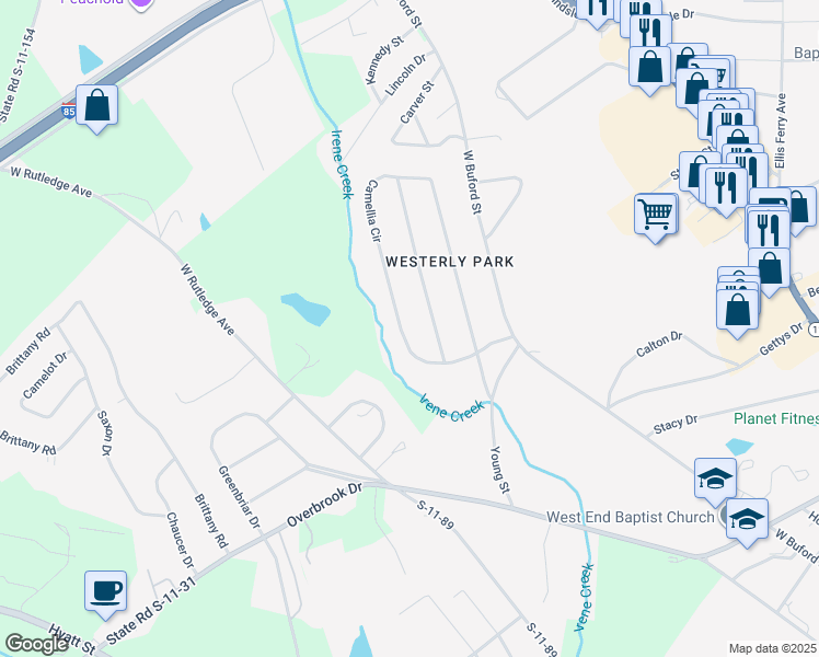 map of restaurants, bars, coffee shops, grocery stores, and more near 235 Camellia Circle in Gaffney