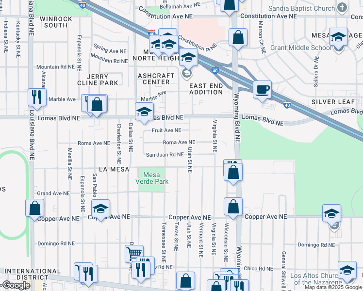 map of restaurants, bars, coffee shops, grocery stores, and more near 8210 Roma Avenue Northeast in Albuquerque