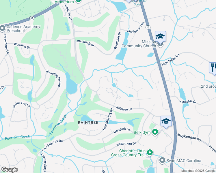 map of restaurants, bars, coffee shops, grocery stores, and more near 9026 4 Mile Creek Road in Charlotte