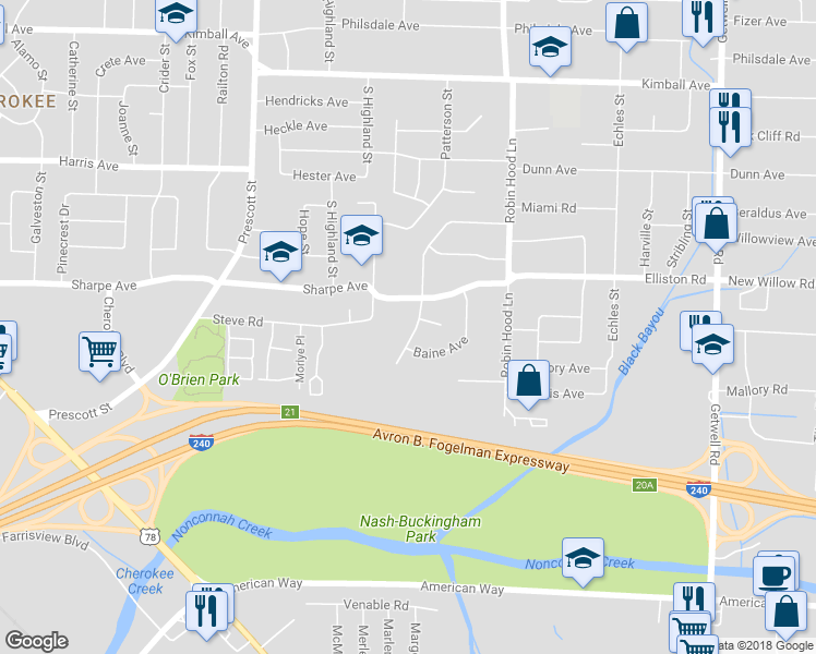 map of restaurants, bars, coffee shops, grocery stores, and more near 1693 Mary Drive in Memphis