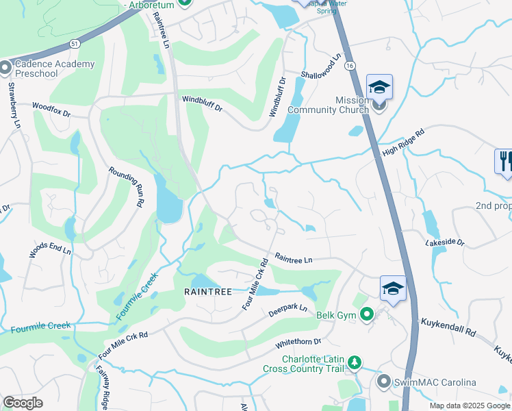 map of restaurants, bars, coffee shops, grocery stores, and more near 9026 4 Mile Creek Road in Charlotte