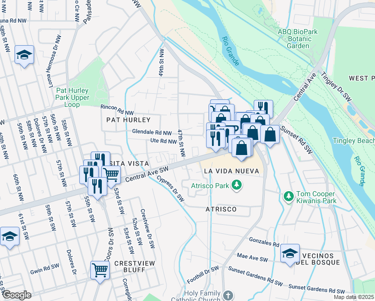 map of restaurants, bars, coffee shops, grocery stores, and more near 116 47th St NW in Albuquerque