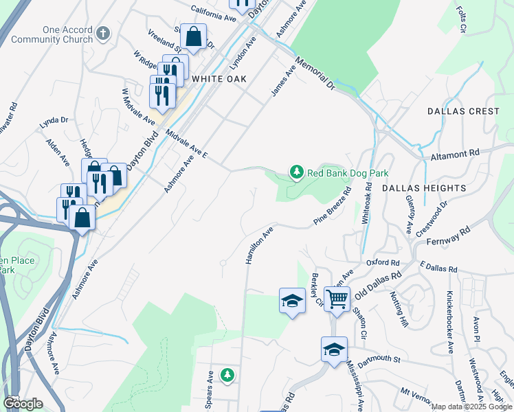 map of restaurants, bars, coffee shops, grocery stores, and more near 1656 Westover Lane in Chattanooga