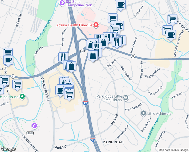 map of restaurants, bars, coffee shops, grocery stores, and more near 10904 Rail Tye Place in Pineville