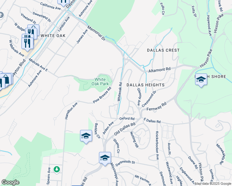 map of restaurants, bars, coffee shops, grocery stores, and more near 1749 White Oak Road in Chattanooga