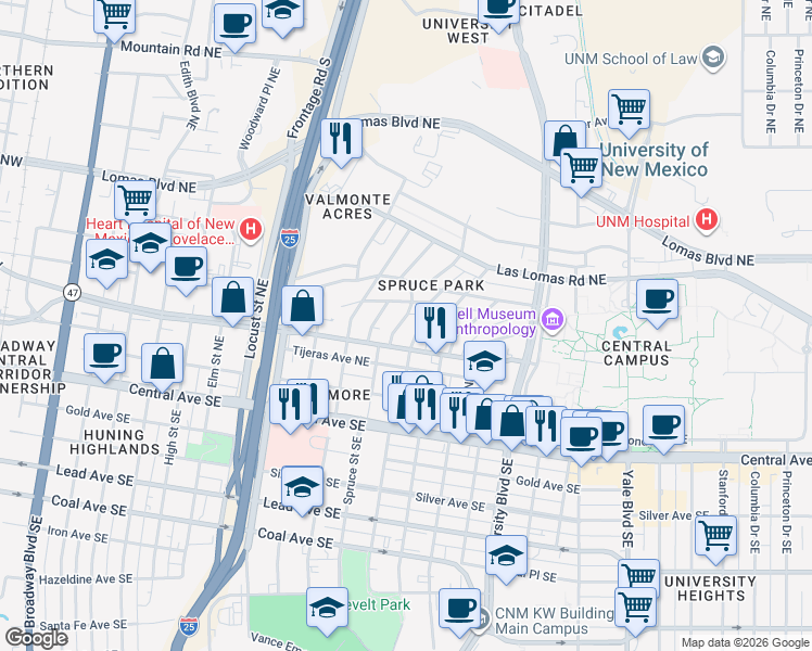 map of restaurants, bars, coffee shops, grocery stores, and more near 415 Sycamore Street Southeast in Albuquerque