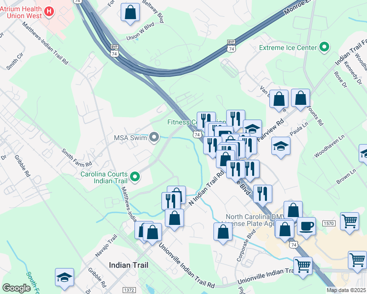 map of restaurants, bars, coffee shops, grocery stores, and more near 13690 Andrew Jackson Highway in Indian Trail