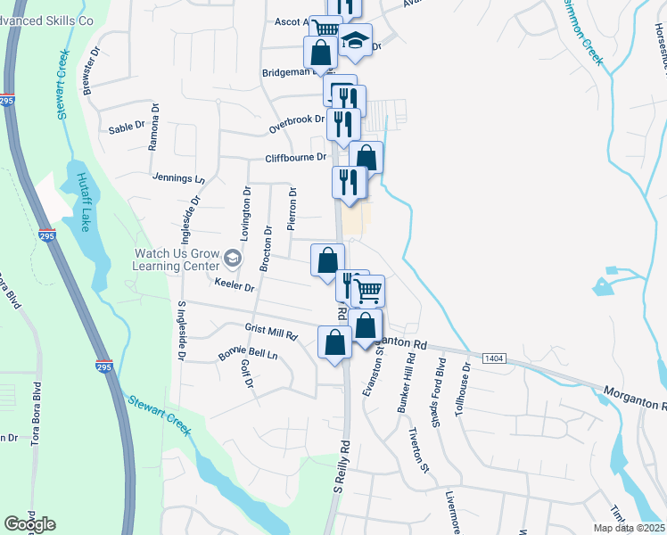 map of restaurants, bars, coffee shops, grocery stores, and more near 6501 Kemper Court in Fayetteville