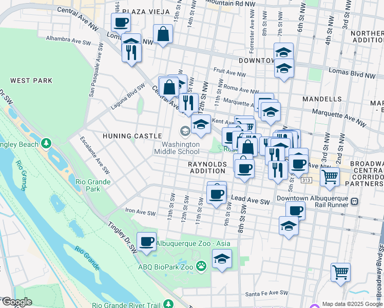 map of restaurants, bars, coffee shops, grocery stores, and more near 1200 Park Avenue Southwest in Albuquerque