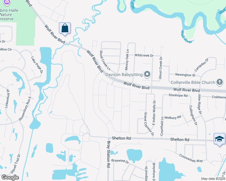 map of restaurants, bars, coffee shops, grocery stores, and more near 1625 Exmoor Lane in Collierville