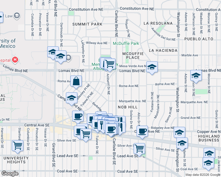 map of restaurants, bars, coffee shops, grocery stores, and more near 432 Amherst Drive Northeast in Albuquerque