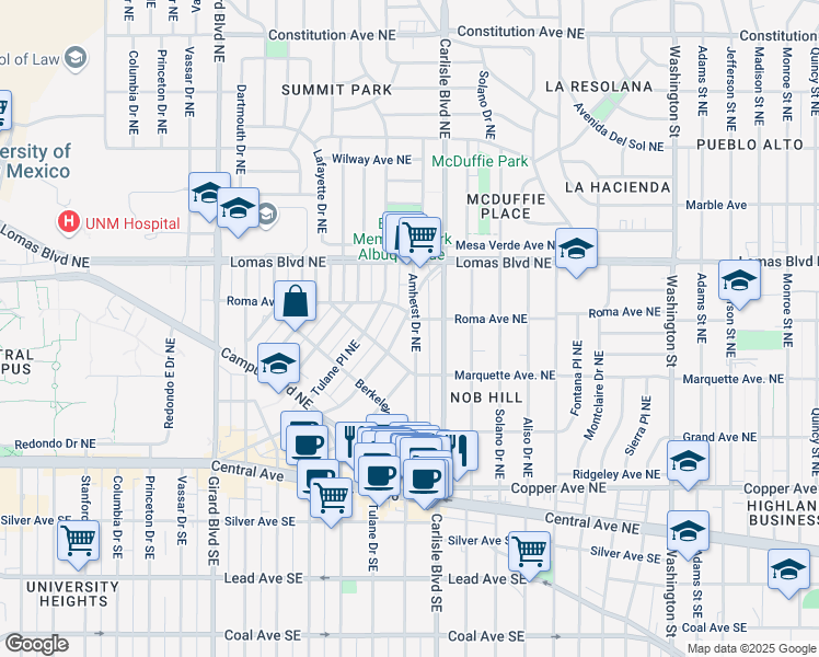 map of restaurants, bars, coffee shops, grocery stores, and more near 432 Amherst Drive Northeast in Albuquerque