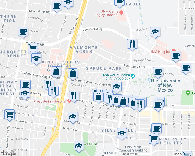 map of restaurants, bars, coffee shops, grocery stores, and more near 415 Sycamore Street Southeast in Albuquerque