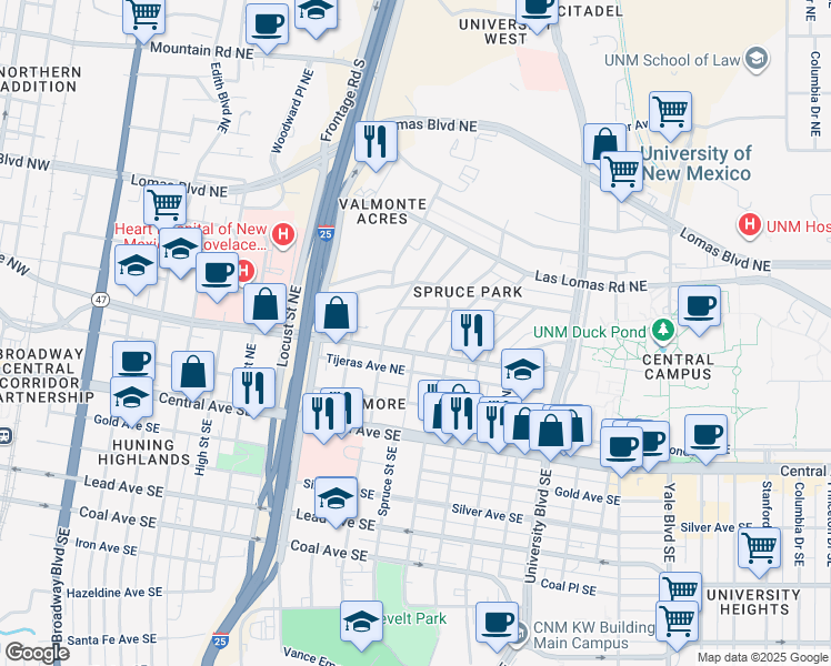 map of restaurants, bars, coffee shops, grocery stores, and more near 404 Ridge Place Northeast in Albuquerque