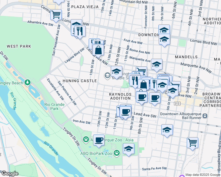 map of restaurants, bars, coffee shops, grocery stores, and more near 1209 Gold Avenue Southwest in Albuquerque
