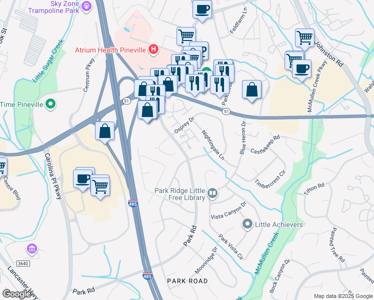 map of restaurants, bars, coffee shops, grocery stores, and more near 10716 Kingfisher Drive in Charlotte