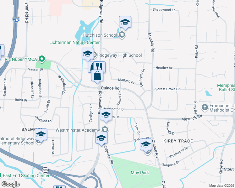 map of restaurants, bars, coffee shops, grocery stores, and more near 2336 Tarbet Drive in Memphis