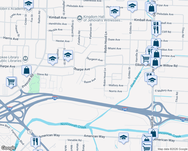 map of restaurants, bars, coffee shops, grocery stores, and more near 1709 Baine Avenue in Memphis
