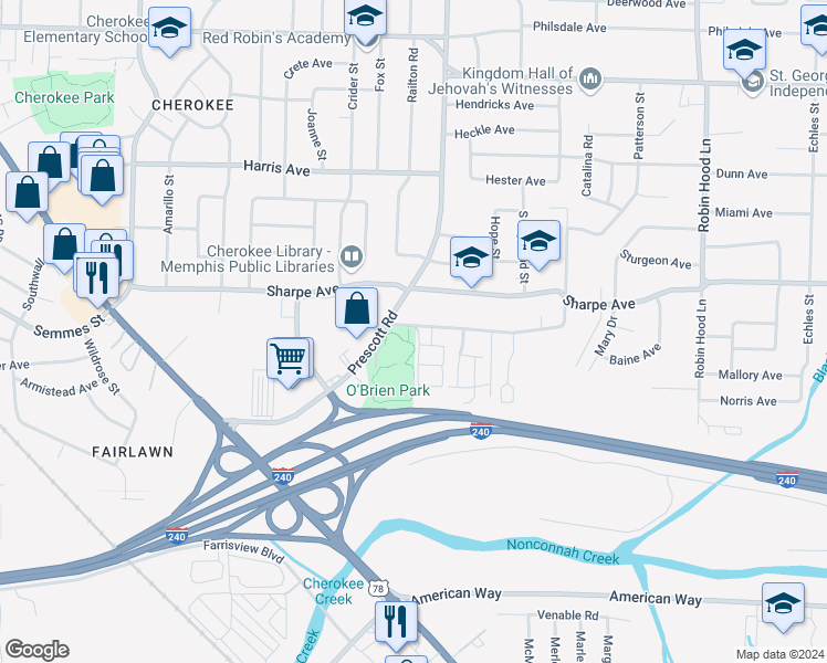 map of restaurants, bars, coffee shops, grocery stores, and more near 3361 Steve Road in Memphis