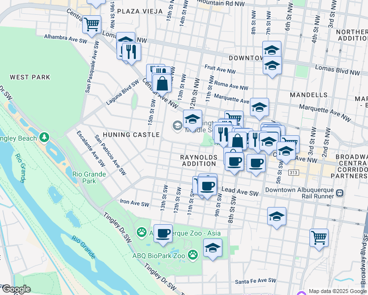 map of restaurants, bars, coffee shops, grocery stores, and more near 1200 Park Avenue Southwest in Albuquerque