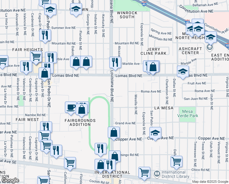 map of restaurants, bars, coffee shops, grocery stores, and more near 820 Louisiana Boulevard Northeast in Albuquerque