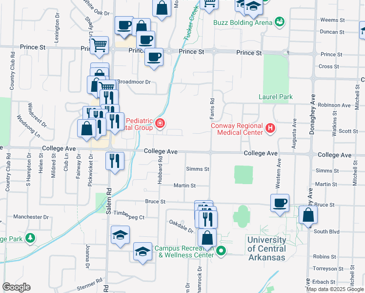 map of restaurants, bars, coffee shops, grocery stores, and more near 2600 College Avenue in Conway