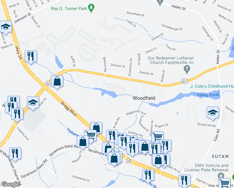 map of restaurants, bars, coffee shops, grocery stores, and more near 3371 Galleria Drive in Fayetteville