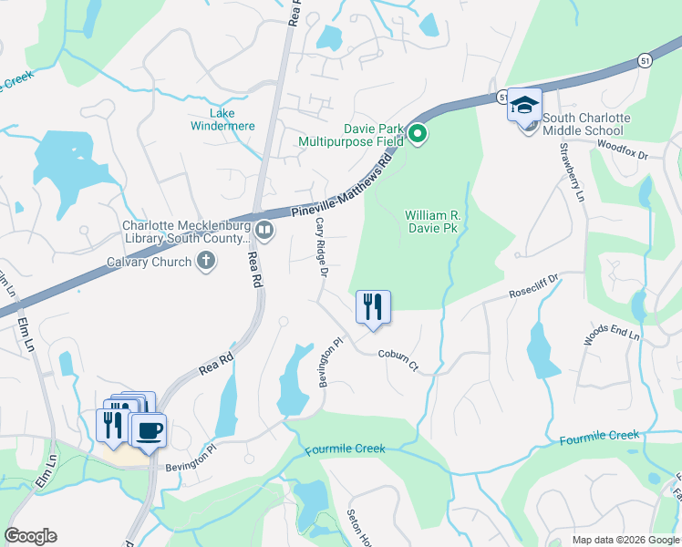 map of restaurants, bars, coffee shops, grocery stores, and more near 5007 Cranston Court in Charlotte