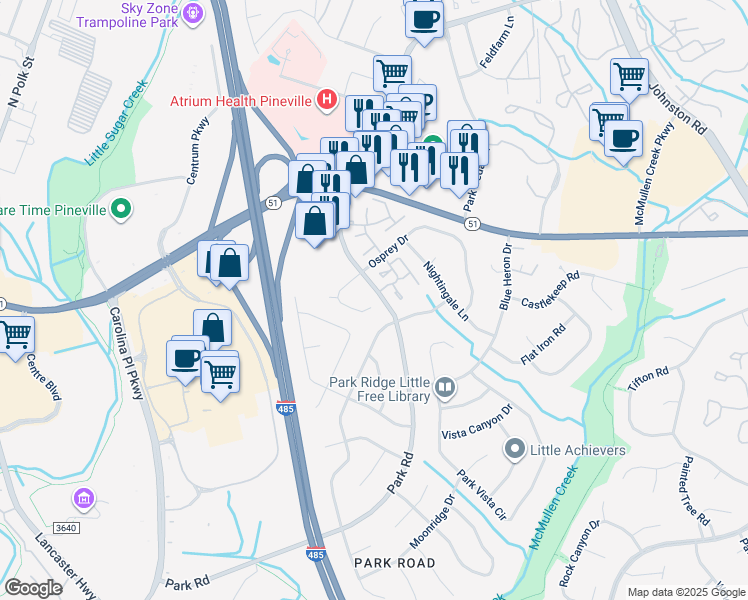 map of restaurants, bars, coffee shops, grocery stores, and more near 10300 Osprey Drive in Pineville