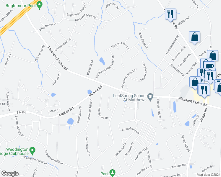 map of restaurants, bars, coffee shops, grocery stores, and more near 3026 Pleasant Plains Road in Matthews