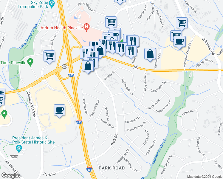 map of restaurants, bars, coffee shops, grocery stores, and more near 10716 Kingfisher Drive in Charlotte