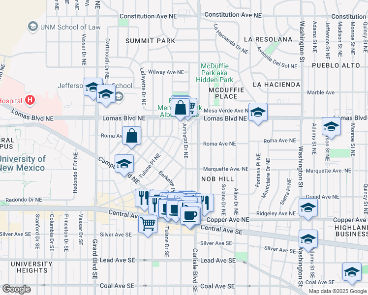 map of restaurants, bars, coffee shops, grocery stores, and more near 432 Amherst Drive Northeast in Albuquerque