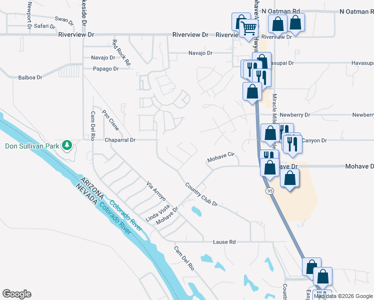 map of restaurants, bars, coffee shops, grocery stores, and more near 2549 Country Club Lane in Bullhead City