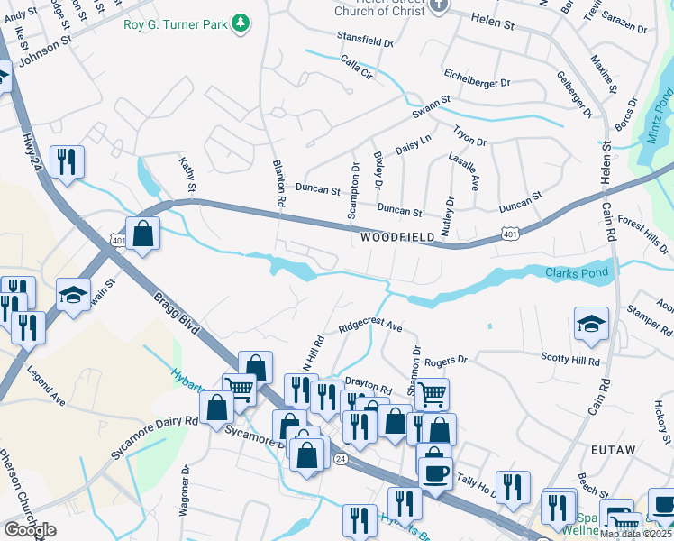 map of restaurants, bars, coffee shops, grocery stores, and more near 3355 Galleria Drive in Fayetteville