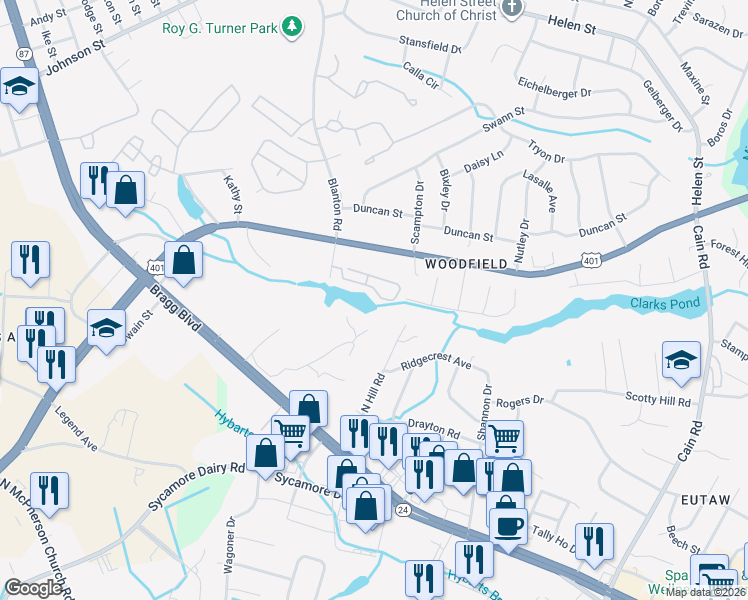 map of restaurants, bars, coffee shops, grocery stores, and more near 3371 Galleria Drive in Fayetteville