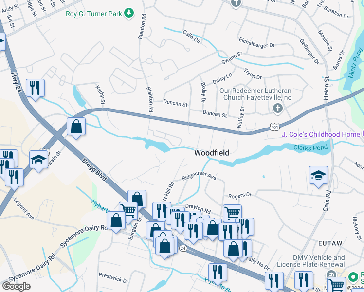map of restaurants, bars, coffee shops, grocery stores, and more near 3355 Galleria Drive in Fayetteville