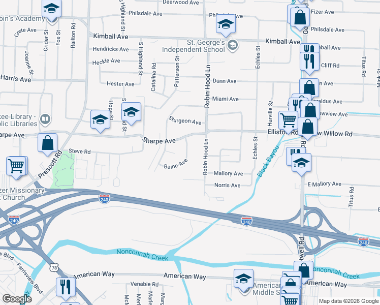 map of restaurants, bars, coffee shops, grocery stores, and more near 1709 Baine Avenue in Memphis